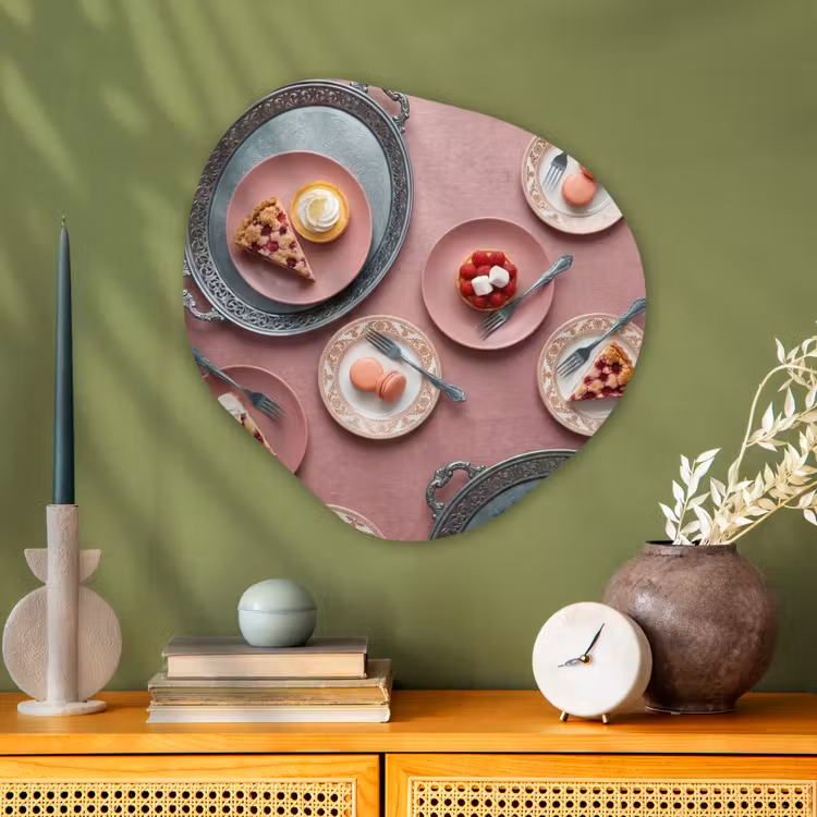 Dessert - Taart - Gebak - Zoet - Roze Wandcirkel Organisch Aluminium middel -sfeer2