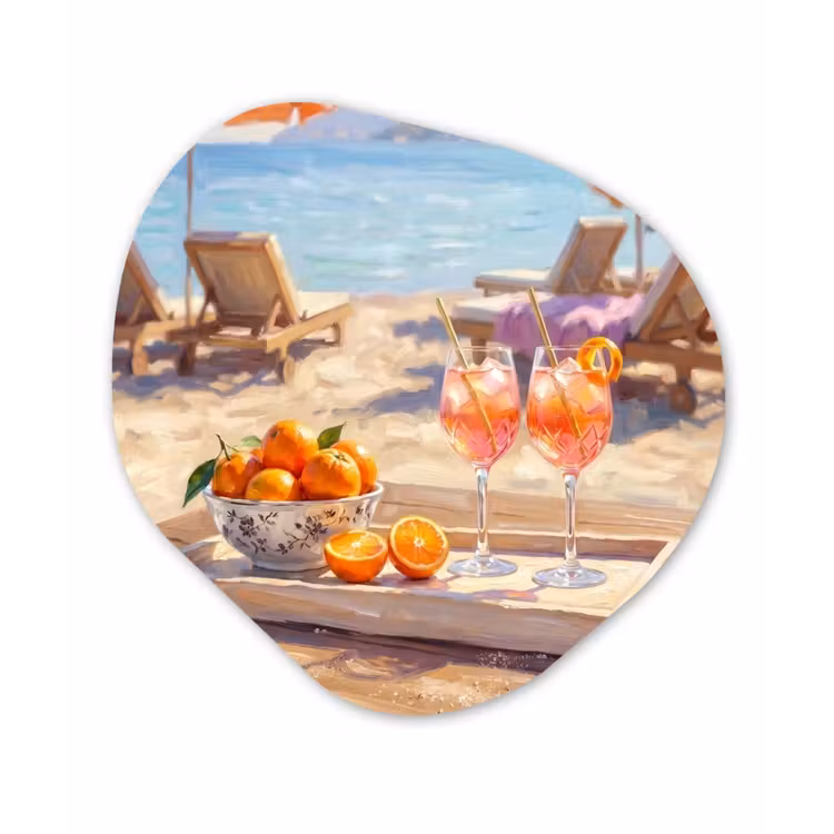 Drank - Glazen - Strand - Zomer - Oranje Wandcirkel Organisch Aluminium middel -3d