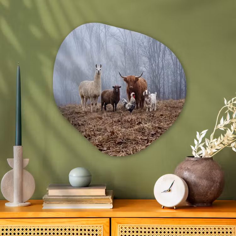 Boerderijdieren - Groep - Mist - Natuur - Rustiek Wandcirkel Organisch Aluminium middel -sfeer2