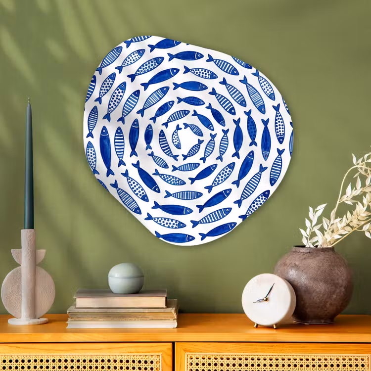 Vis - Patroon - Onderwater - Abstract - Blauw Wandcirkel Organisch Aluminium middel -sfeer2