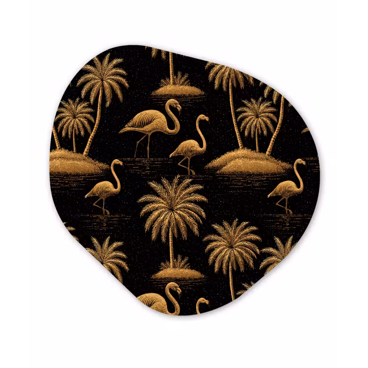 Flamingo - Palmbomen - Tropisch - Goud - Zwart Wandcirkel Organisch Aluminium middel 851 -3d