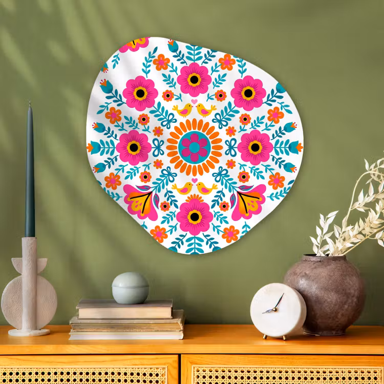 Bloemen - Vogel - Patroon - Kleurrijk - Modern Wandcirkel Organisch Aluminium middel -sfeer2