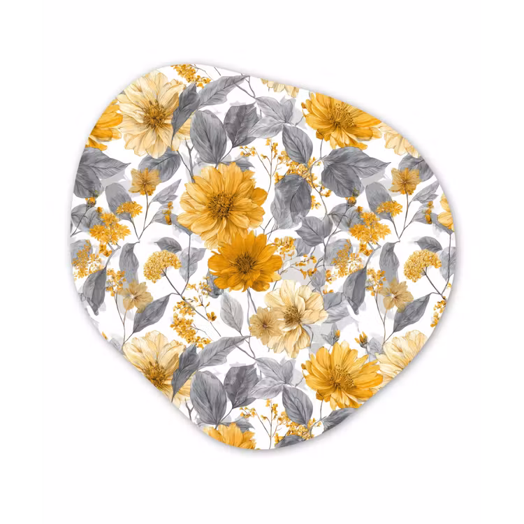 Bloemen - Botanisch - Elegant - Okergeel - Grijs Wandcirkel Organisch Aluminium middel 851 -3d