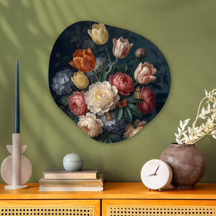 Bloemen - Boeket - Natuur - Klassiek - Donker Wandcirkel Organisch Aluminium middel -sfeer2