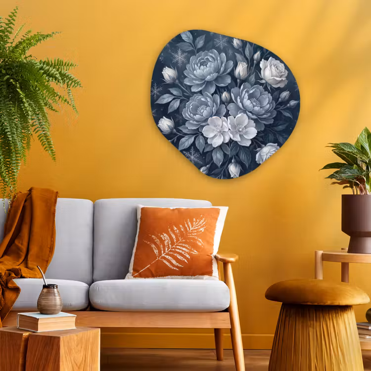 Bloemen - Boeket - Winter - Abstract - Blauw Wandcirkel Organisch Aluminium middel -sfeer4