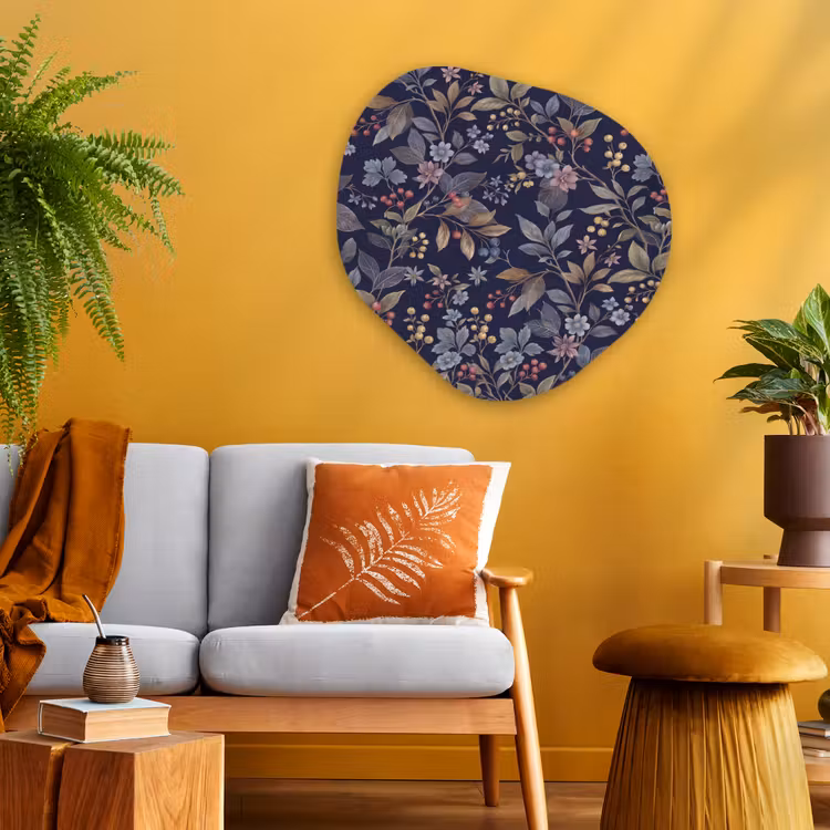 Bloemen - Bladeren - Patroon - Botanisch - Donkerblauw Wandcirkel Organisch Aluminium middel -sfeer4