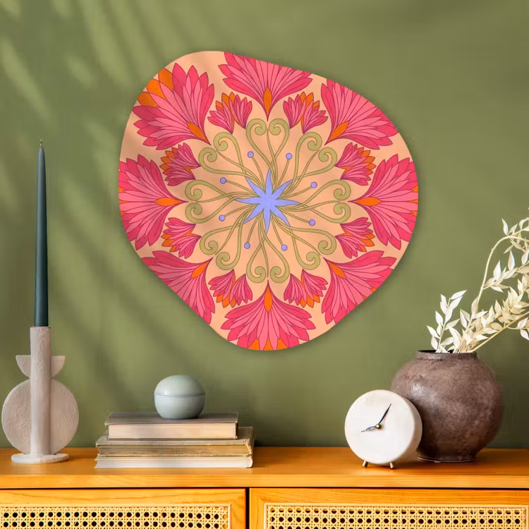 Bloemen - Patroon - Abstract - Roze - Decoratief Wandcirkel Organisch Aluminium middel -sfeer2