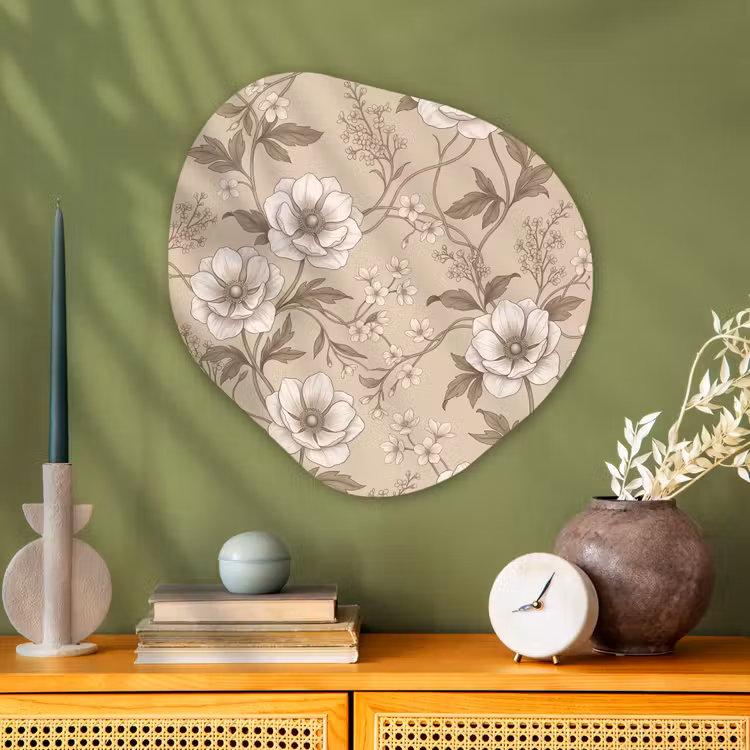 Bloemen - Patroon - Beige Wandcirkel Organisch Aluminium middel -sfeer2