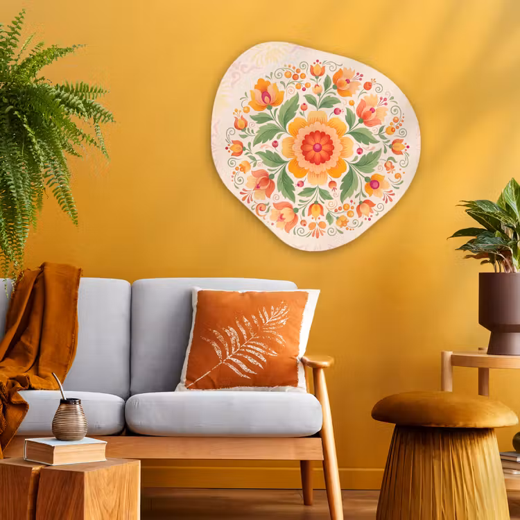 Bloemen - Patroon - Decoratief - Oranje Wandcirkel Organisch Aluminium middel -sfeer4