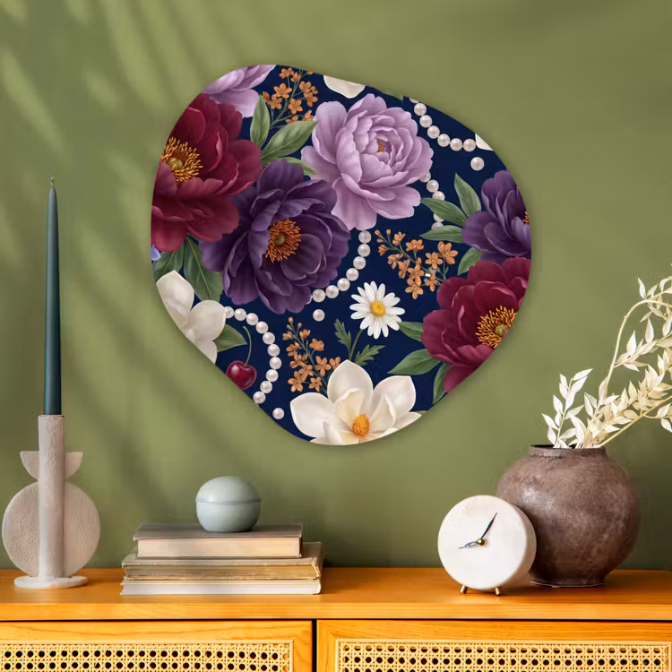 Bloemen - Parels - Decoratie - Modern - Blauw Wandcirkel Organisch Aluminium middel -sfeer2