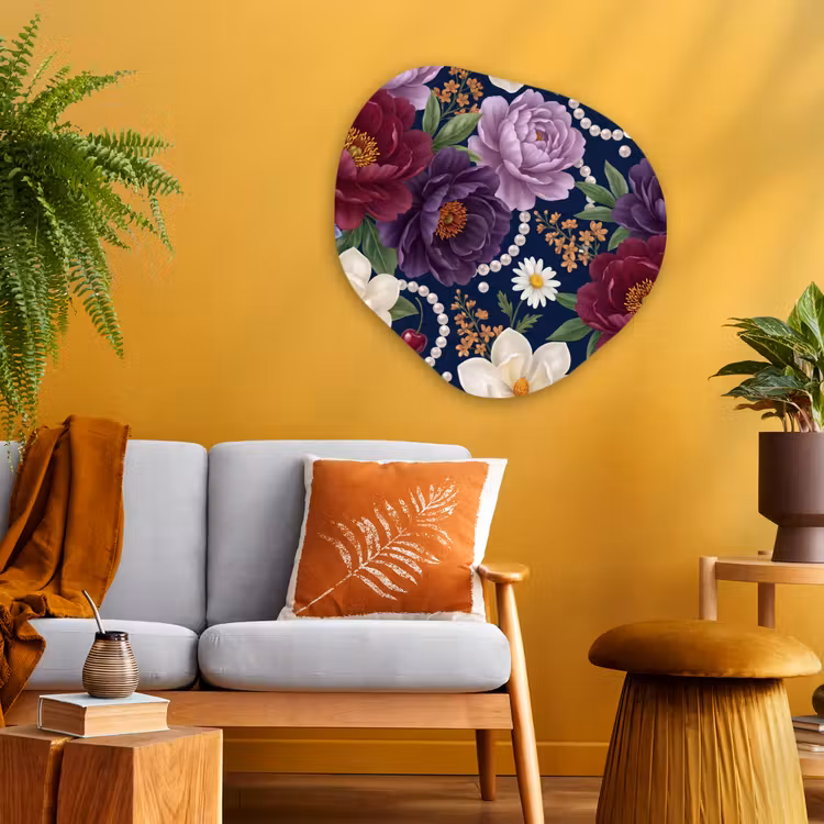 Bloemen - Parels - Decoratie - Modern - Blauw Wandcirkel Organisch Aluminium middel -sfeer4