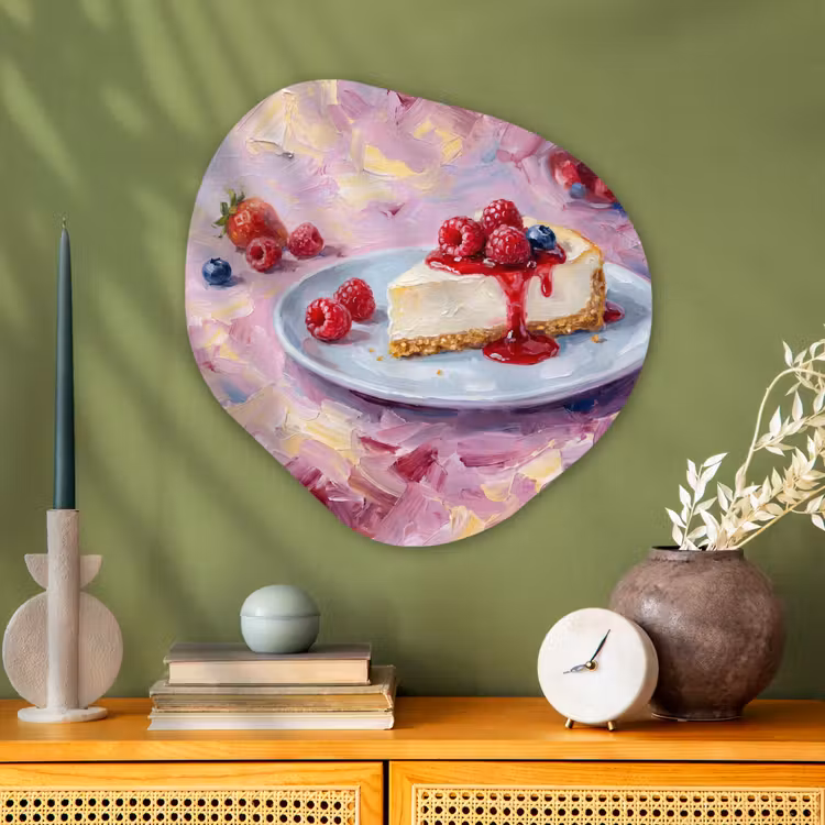 Eten - Cheesecake - Bessen - Abstract - Roze Wandcirkel Organisch Aluminium middel -sfeer2