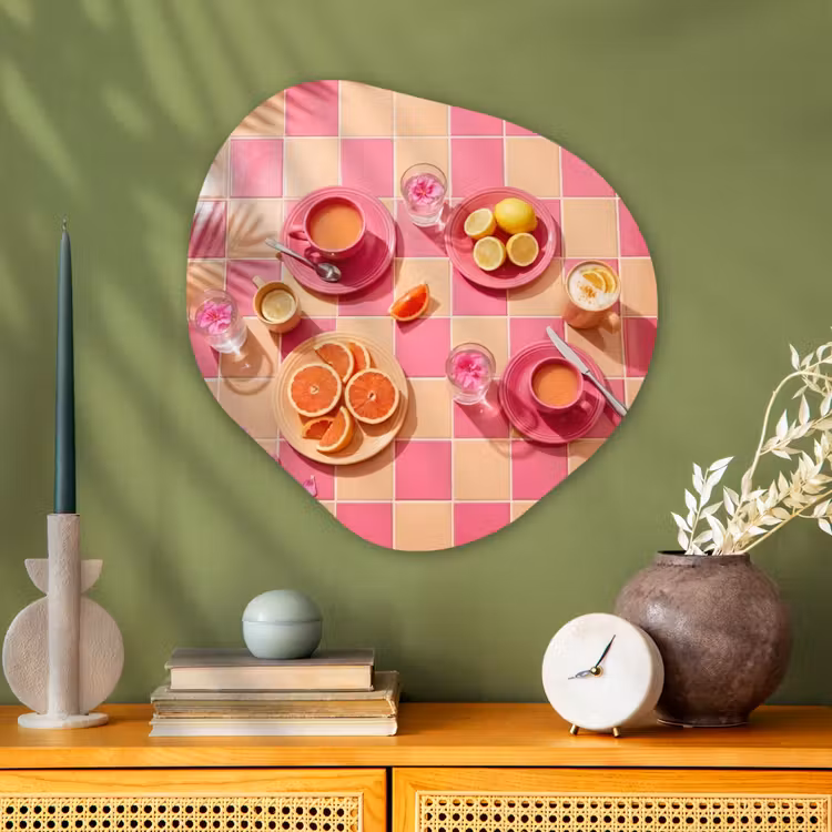 Eten - Citrusvruchten - Stillevens - Roze - Oranje Wandcirkel Organisch Aluminium middel -sfeer2