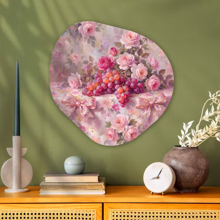 Eten - Bloemen - Stilleven - Roze - Goud Wandcirkel Organisch Aluminium middel -sfeer2