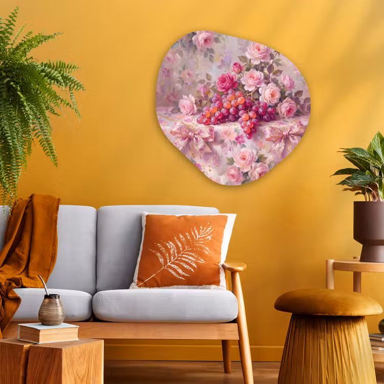 Eten - Bloemen - Stilleven - Roze - Goud Wandcirkel Organisch Aluminium middel -sfeer4
