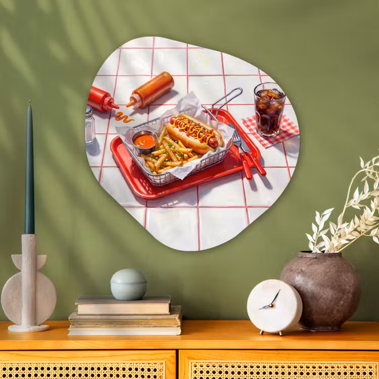Eten - Hotdog - Fastfood - Modern - Rood Wandcirkel Organisch Aluminium middel -sfeer2