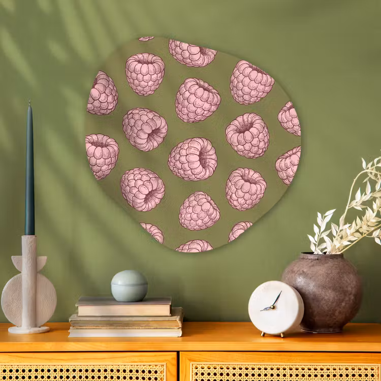 Eten - Patroon - Illustratie - Roze - Groen Wandcirkel Organisch Aluminium middel -sfeer2