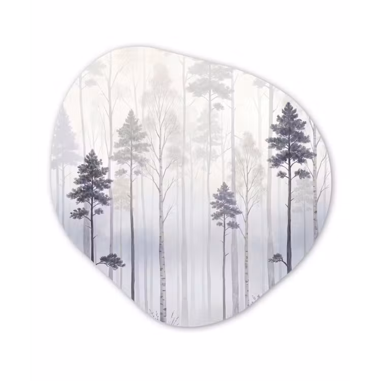 Bos - Bomen - Mist - Natuur - Illustratie - Grijs Wandcirkel Organisch Aluminium middel -3d