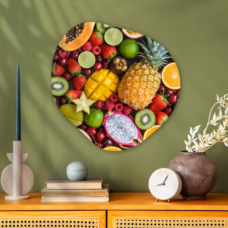 Fruit - Assortiment - Vers - Gezond - Kleurrijk Wandcirkel Organisch Aluminium middel -sfeer2