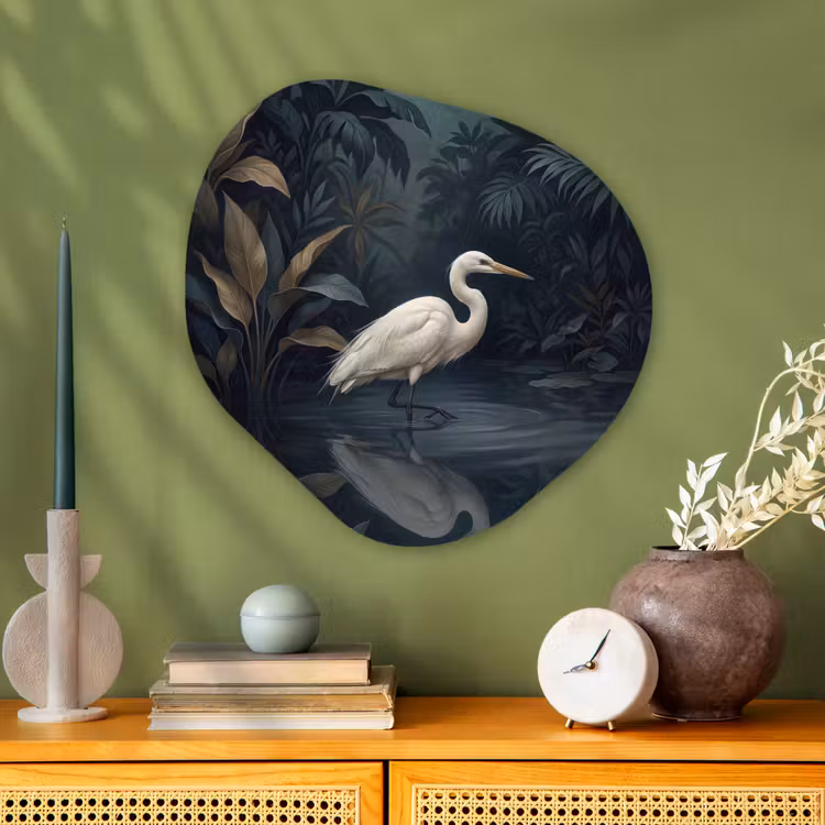 Reiger - Water - Natuur - Modern - Wit Wandcirkel Organisch Aluminium middel -sfeer2