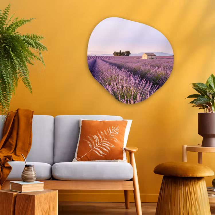 Lavendel - Landschap - Sereen - Paars Wandcirkel Organisch Aluminium middel -sfeer4
