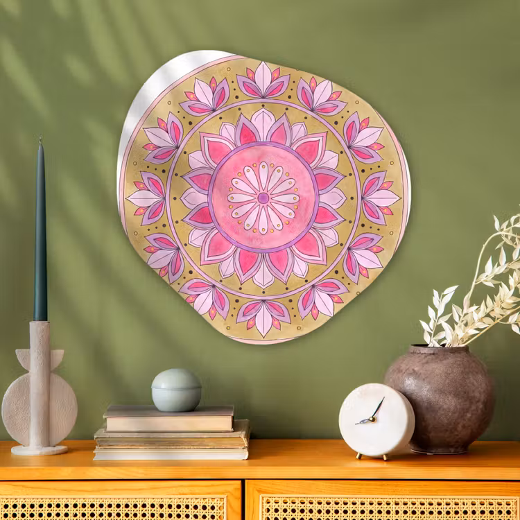 Mandala - Patroon - Kunst - Aquarel - Roze Wandcirkel Organisch Aluminium middel -sfeer2