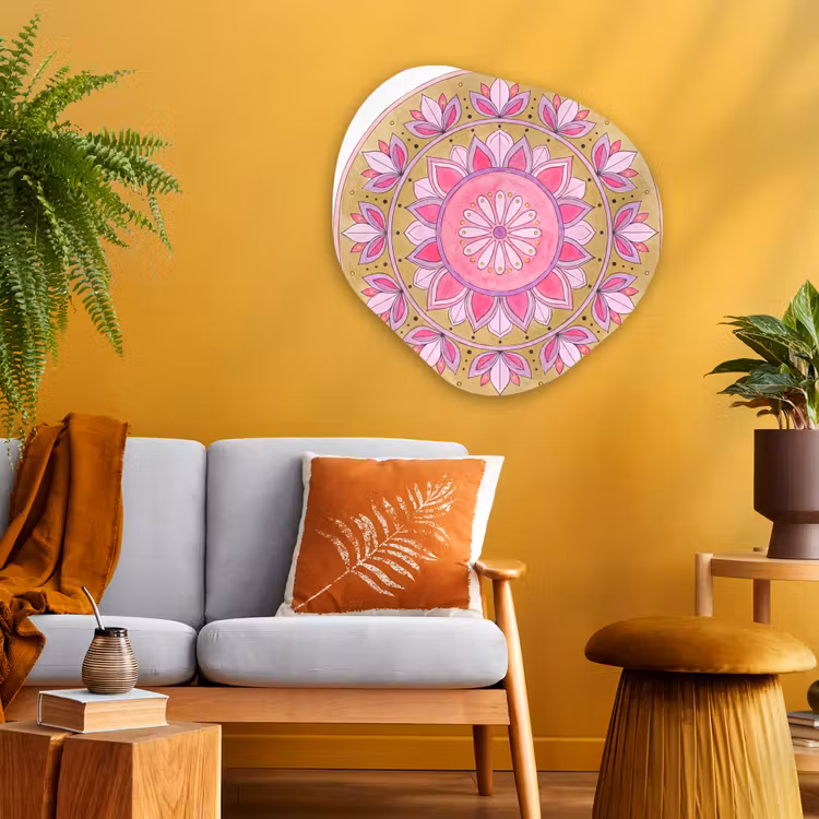 Mandala - Patroon - Kunst - Aquarel - Roze Wandcirkel Organisch Aluminium middel -sfeer4