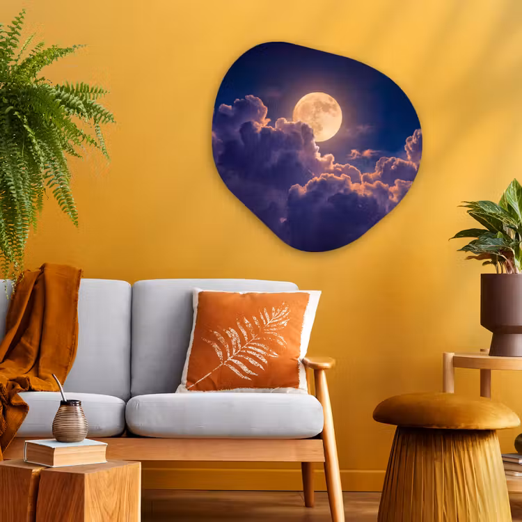 Maan - Wolken - Nacht - Oranje Wandcirkel Organisch Aluminium middel -sfeer4