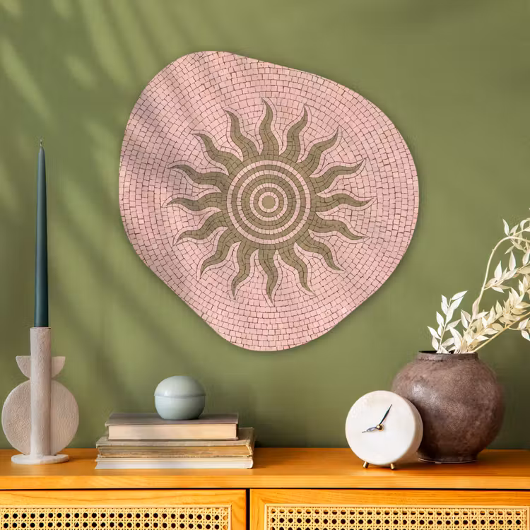 Mozaïek - Zon - Patroon - Klassiek - Roze Wandcirkel Organisch Aluminium middel -sfeer2