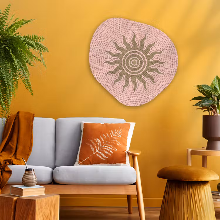 Mozaïek - Zon - Patroon - Klassiek - Roze Wandcirkel Organisch Aluminium middel -sfeer4
