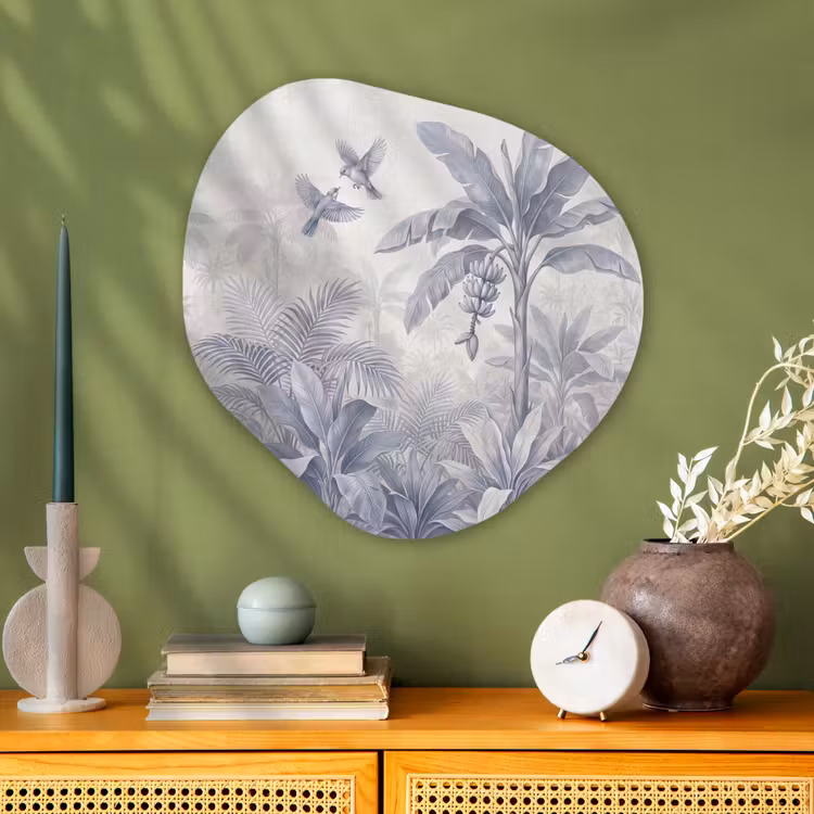 Natuur - Vogel - Jungle - Illustratie - Blauw Wandcirkel Organisch Aluminium middel -sfeer2