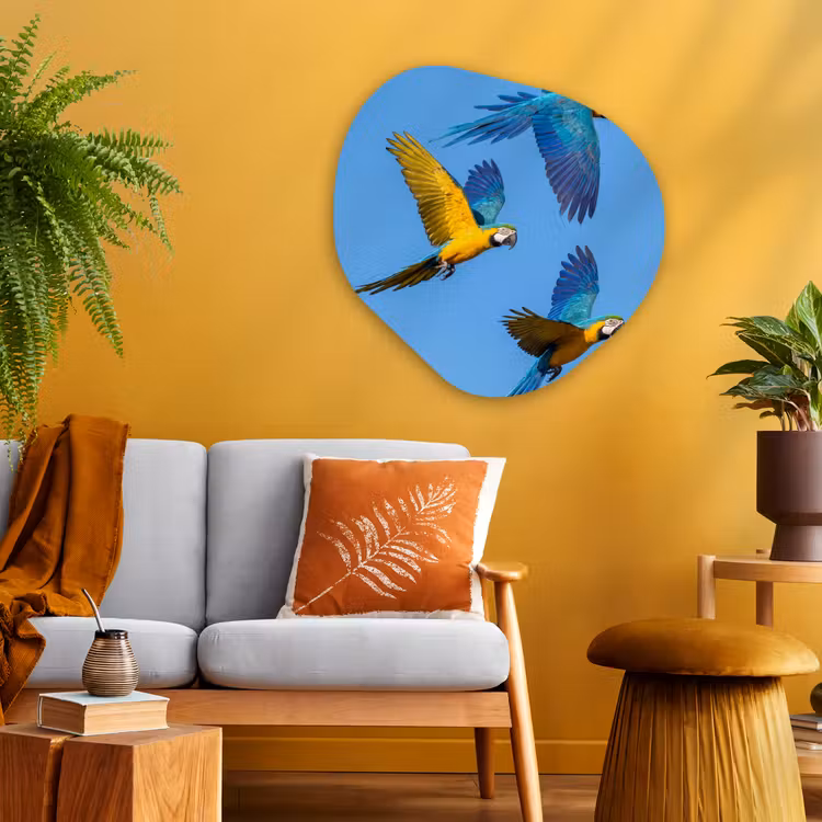Papagaai - Vliegen - Blauw - Geel Wandcirkel Organisch Aluminium middel -sfeer4