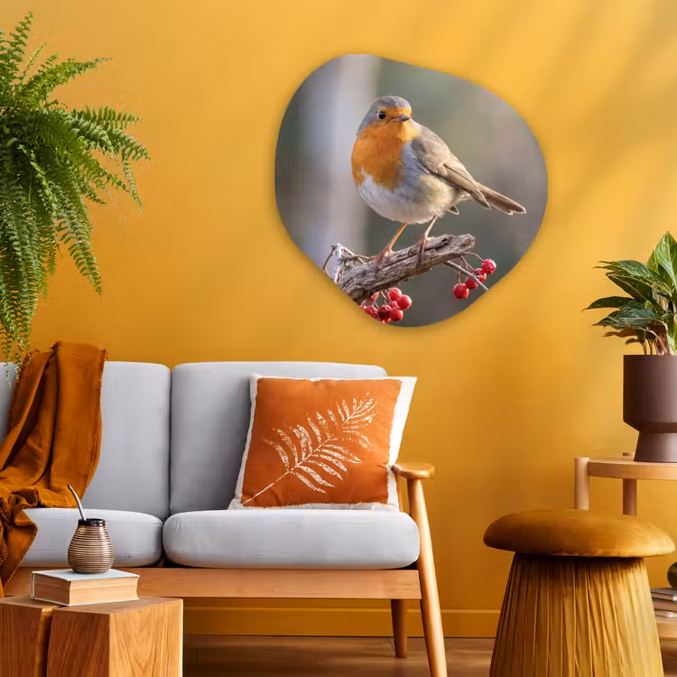 Roodborst - Tak - Bessen - Natuur Wandcirkel Organisch Aluminium middel -sfeer4