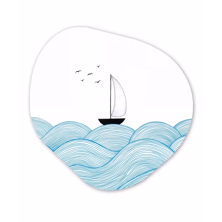 Zeilboot - Golven - Zee - Illustratie - Blauw Wandcirkel Organisch Aluminium middel -3d