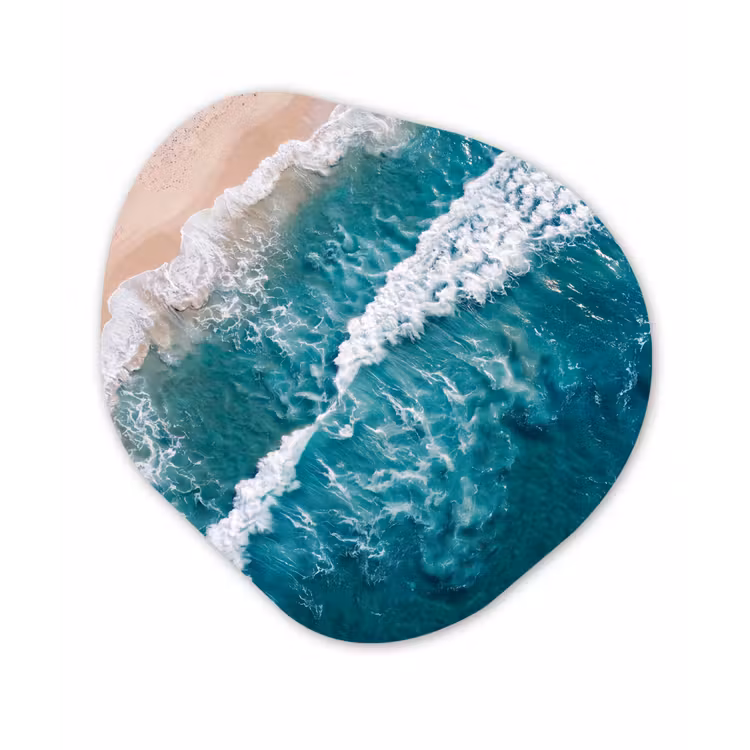 Zee - Strand - Golven - Natuur - Blauw Wandcirkel Organisch Aluminium middel -3d