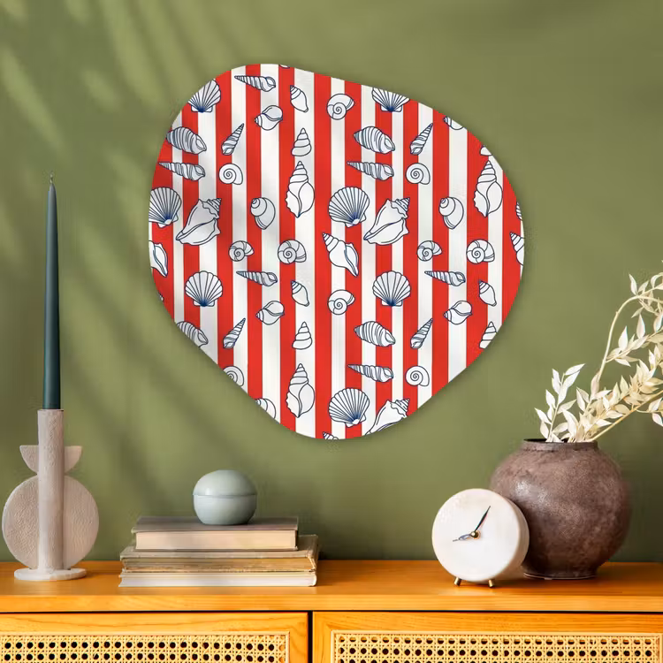 Schelp - Zeedieren - Zomer - Illustratie - Rood - Blauw Wandcirkel Organisch Aluminium middel -sfeer2