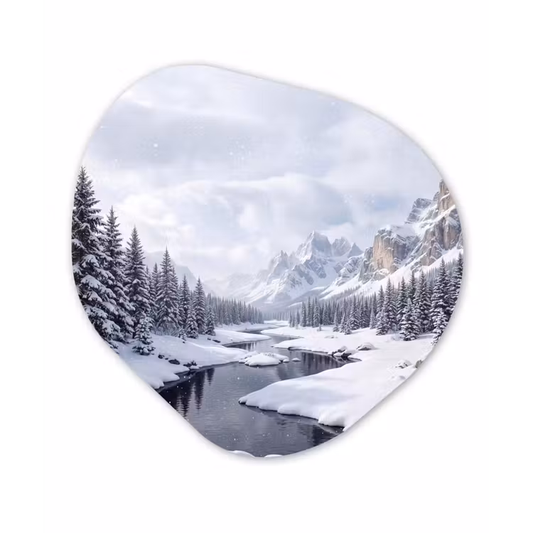 Sneeuwlandschap - Bergen - Rivier - Winter Wandcirkel Organisch Aluminium middel -3d