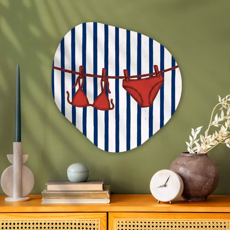 Badkleding - Waslijn - Zomer - Illustratie - Rood Wandcirkel Organisch Aluminium middel -sfeer2