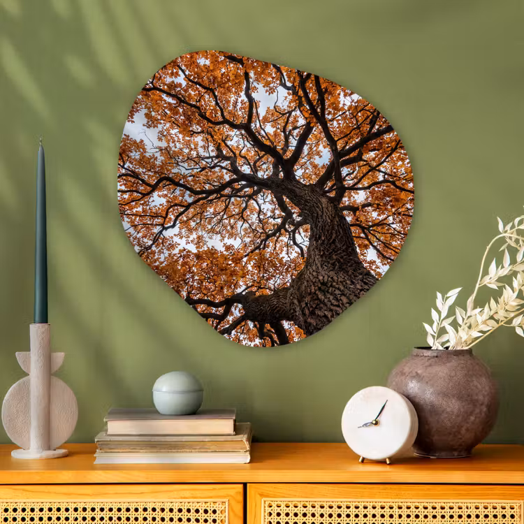 Boom - Bladerdak - Herfst - Oranje - Sfeervol Wandcirkel Organisch Aluminium middel -sfeer2