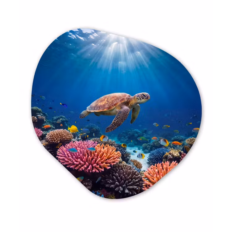 Schildpad - Koraalrif - Oceaan - Dieren - Blauw Wandcirkel Organisch Aluminium middel -3d