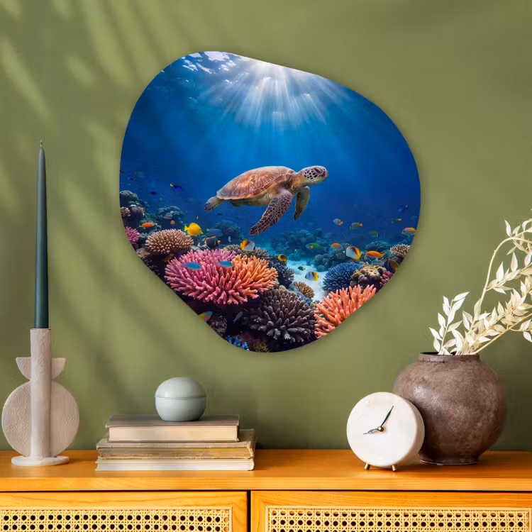 Schildpad - Koraalrif - Oceaan - Dieren - Blauw Wandcirkel Organisch Aluminium middel -sfeer2