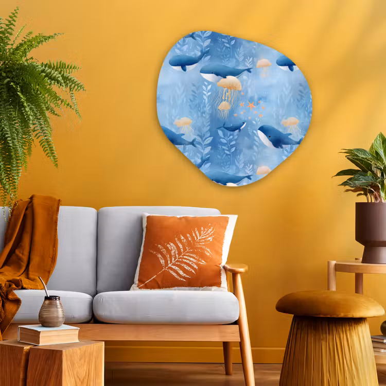 Walvissen - Oceaan - Blauw Wandcirkel Organisch Aluminium middel 851 -sfeer4