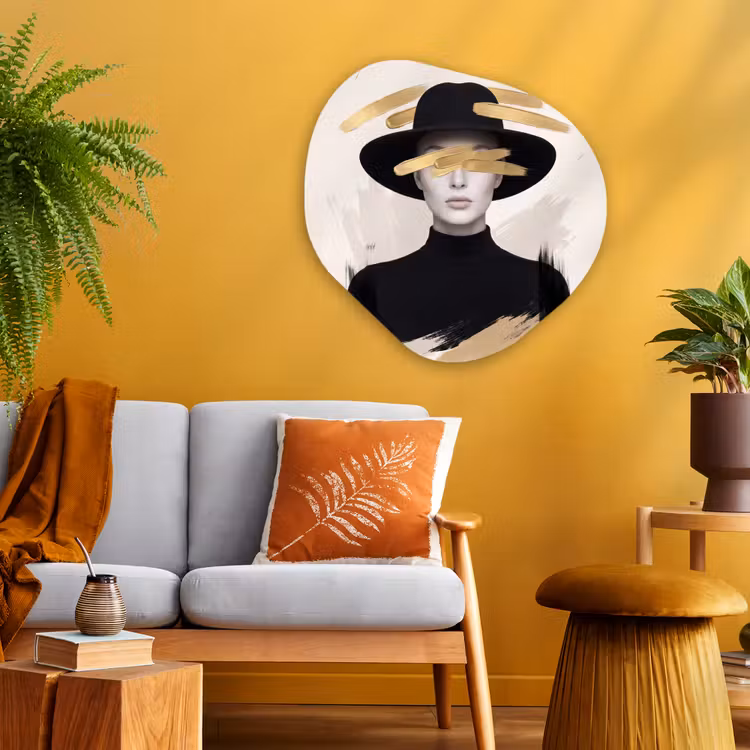 Vrouw - Portret - Modern - Goud - Kunst Wandcirkel Organisch Aluminium middel -sfeer4