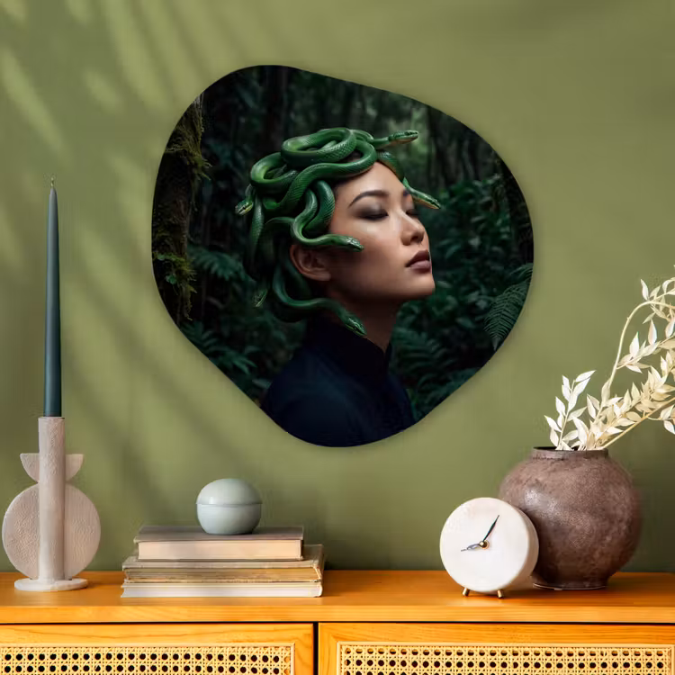Vrouw - Slang - Natuur - Mystiek - Groen Wandcirkel Organisch Aluminium middel -sfeer2