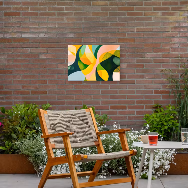 Abstract - Geel - Roze - Groen Tuinposter op houten frame 2 cm dik klein -sfeer3