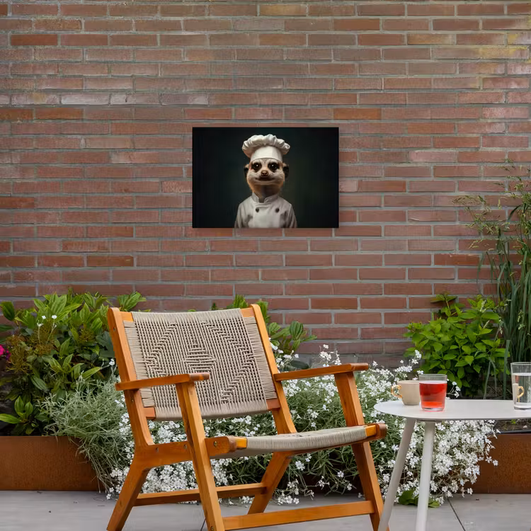 Dier - Kok - Stokstaartje Tuinposter op houten frame 2 cm dik klein -sfeer3