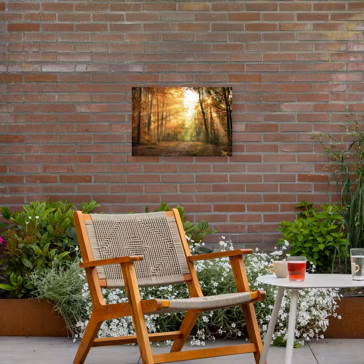 Herfstbos in gouden zonlicht Tuinposter op houten frame 2 cm dik klein -sfeer3