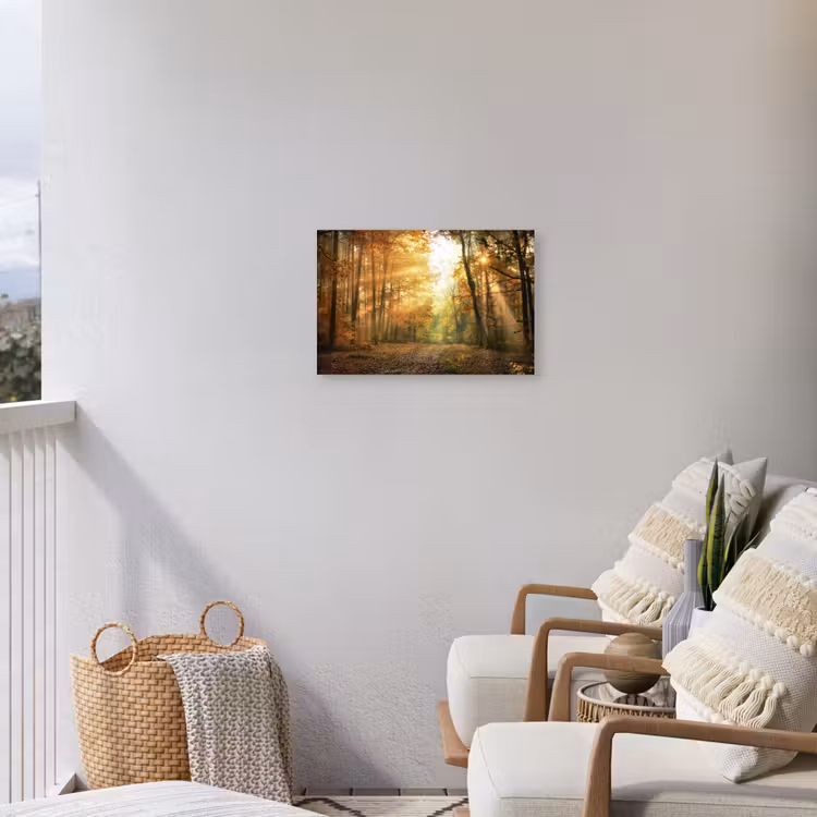 Herfstbos in gouden zonlicht Tuinposter op houten frame 2 cm dik klein -sfeer1