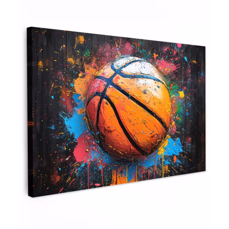 Basketbal in Kleurrijke Spatten Tuinposter op houten frame 2 cm dik klein -3d
