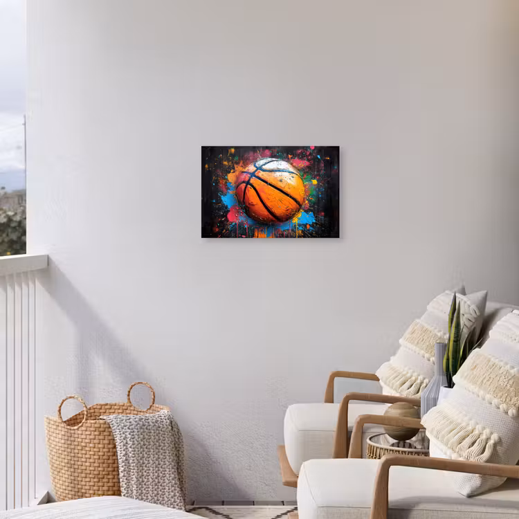 Basketbal in Kleurrijke Spatten Tuinposter op houten frame 2 cm dik klein -sfeer1